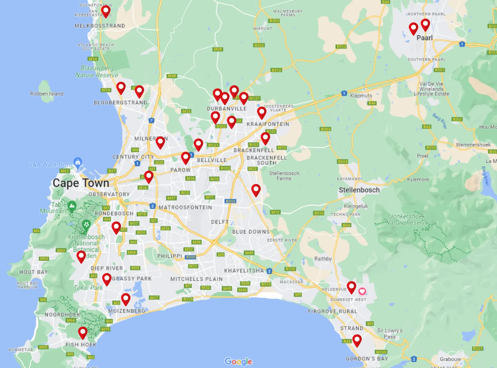 Map of greater Cape Town with pins marking where WePetSit pet sitters are based
