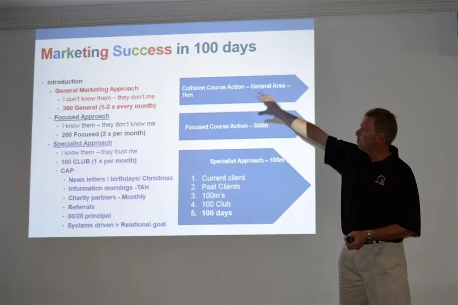 A trainer presenting a session on marketing success to pet sitters