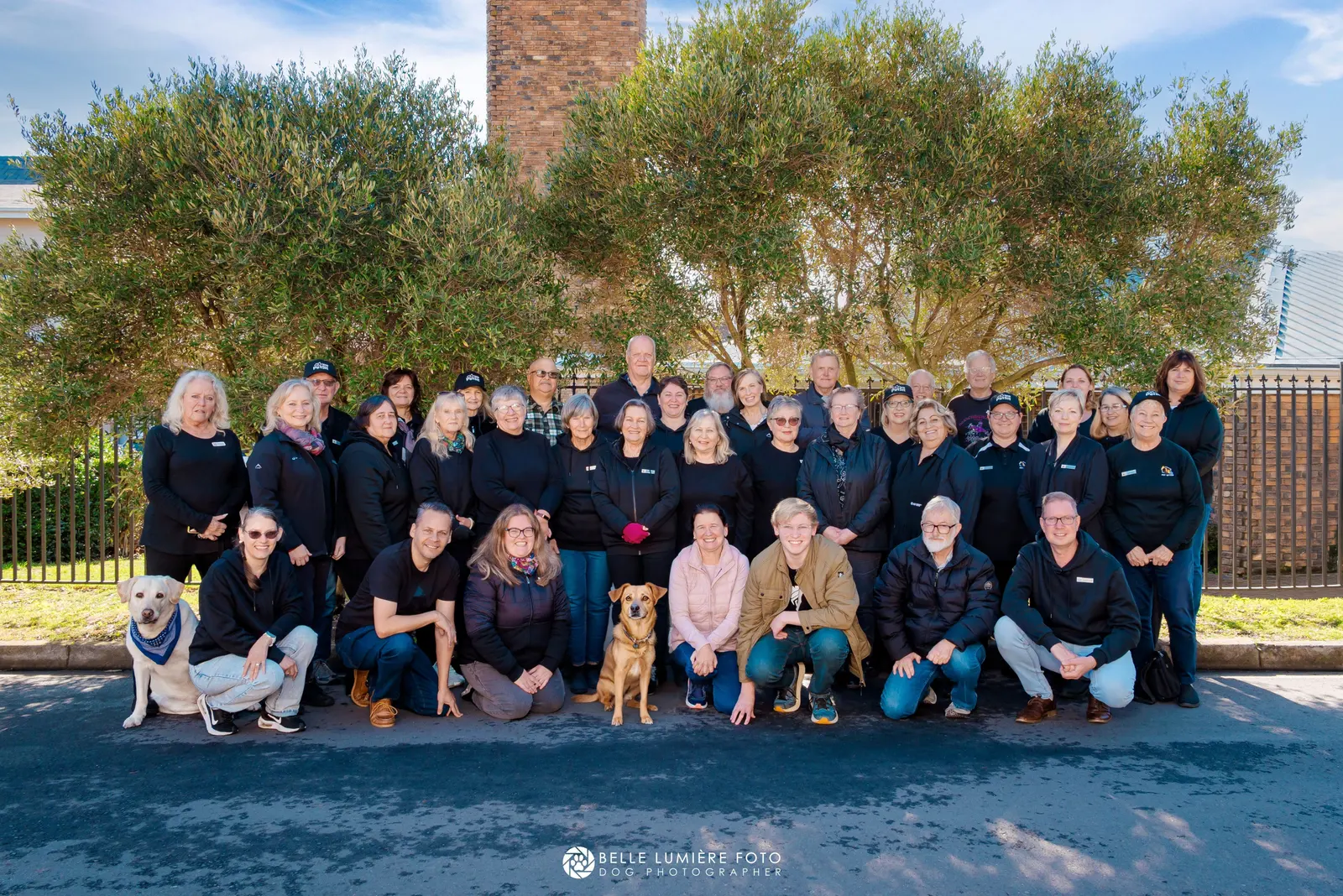 The WePetSit team outdoors in matching black shirts, with several of their dogs